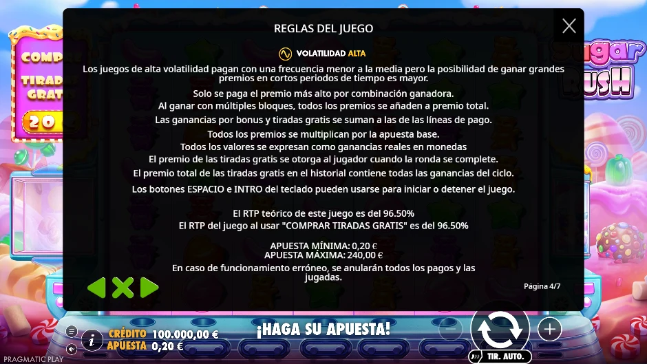 Sugar Rush — RTP y volatilidad